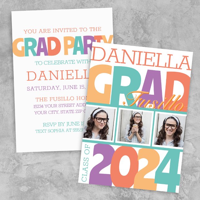 Convite Festa de Fotografia 3 Sobredimensionada para Vertr (Modern Retro Oversized 3 Photo Graduation Announcement Grad Party Invitation)