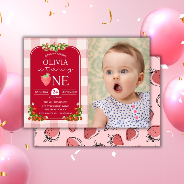 Convite Festa de Fotografia do primeiro aniversario de Mor (Strawberry 1st birthday girl photo party invitation)