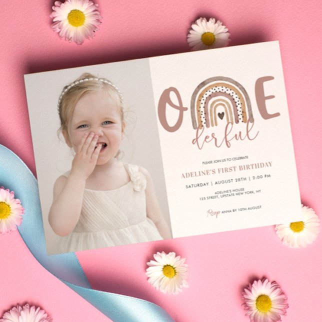 Convite Festa de Fotografia Maravilhosa da primeiro aniver (Onederful cute birthday party template 1st Birthday Girl Boho Rainbow Watercolor)