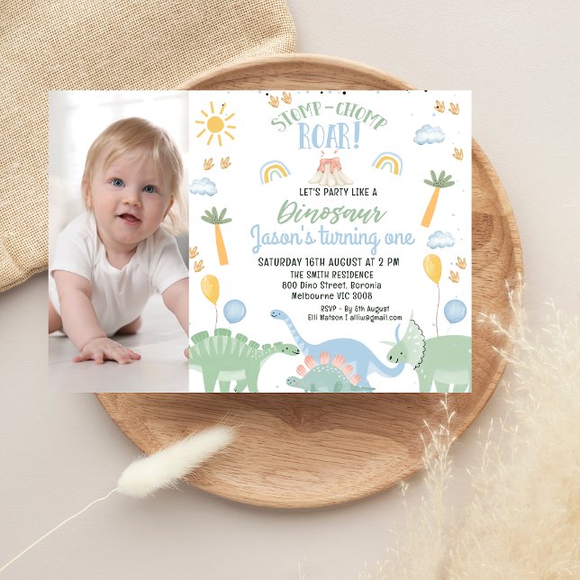 Convite Festa De Fotografias De Rapazes Bons Como O primei (Boys Party Like A Dinosaur 1st Birthday Invitation, Stomp Chomp Roar Dinosaur Birthday Party Invite)