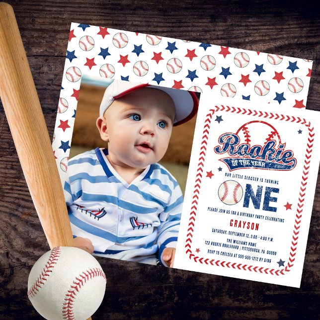 Convite Festa de Fotografias Frente do Baseball Rookie (Baseball Rookie of the Year Boy's 1st Birthday Party Photo Invitation)