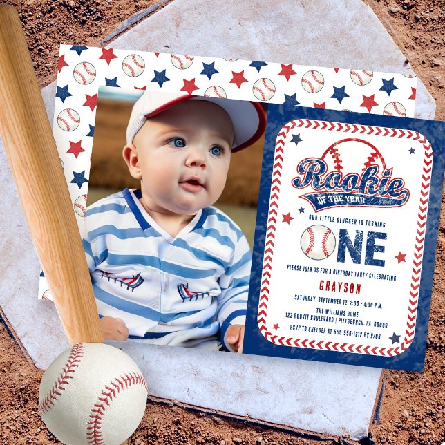 Convite Festa de Fotografias Frente do Baseball Rookie (Baseball Rookie of the Year Boy's 1st Birthday Party Photo Invitation)