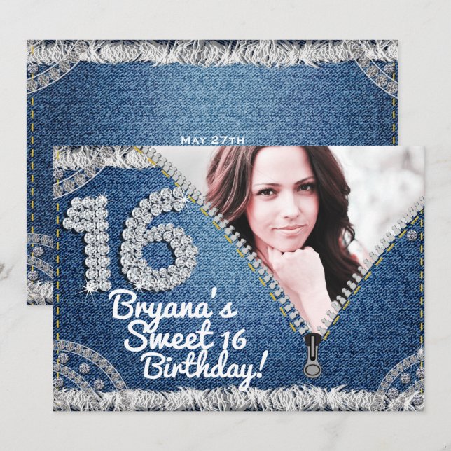 Convite Festa de Fotos Denim & Diamonds Jean Zipper Sweet  (Frente/Verso)