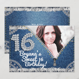 Convite Festa de Fotos Denim & Diamonds Jean Zipper Sweet 