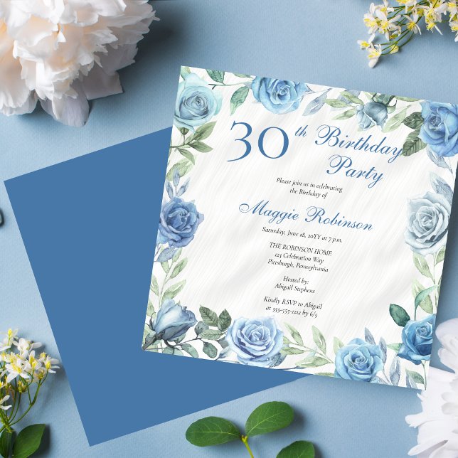 Convite Festa de Frame Floral de Rosa Azul Elegante (Elegant Blue Floral Frame 30th Birthday Party Invitation - Available in Print and/or Download)