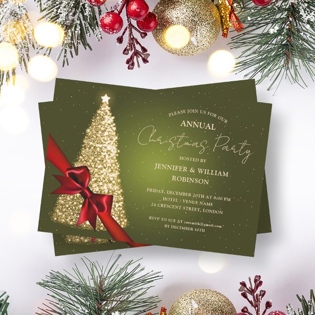 Convite Festa de Friso de Férias da Árvore Verde Elegante  (Elegant Gold Green Xmas Tree Ribbon Holiday Party Invitation)