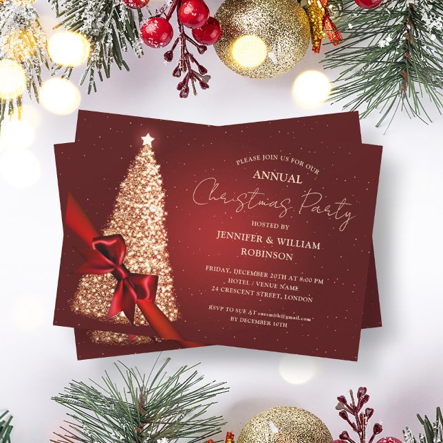 Convite Festa de Friso de Férias da Árvore Vermelha Dourad (Elegant Gold Red Xmas Tree Ribbon Holiday Party Invitation)