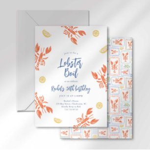 Convite Festa de frutos do mar com listras Preppy Lagosta 