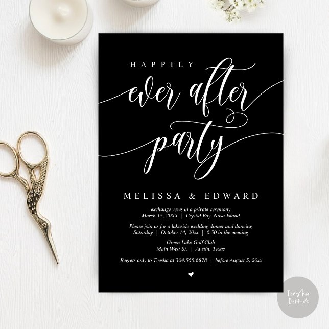 Convite Festa de Fuga Romântica Felizes para Sempre, Sofis (Happily Ever After Elopement Party Invitation Card, PDF, Modern Wedding Dinner, in Classy Black)