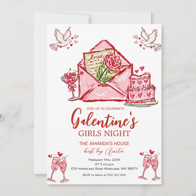 Convite Festa de Galentines à Noite das Meninas no Dia dos (Frente)