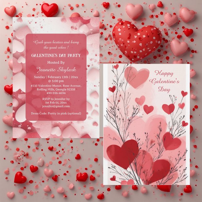 Convite Festa de Galentine's Day Pastel Corações Marfim Mo (Pastel Galentine's Day Party Hearts Modern Ivory Invitation)