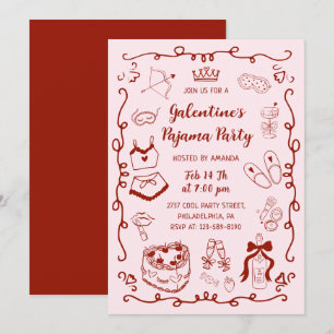 Convite Festa de Galentine's de Pijama Rosa Borgonha Desen