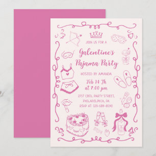 Convite Festa de Galentine's de Pijama Rosa Menina Desenha