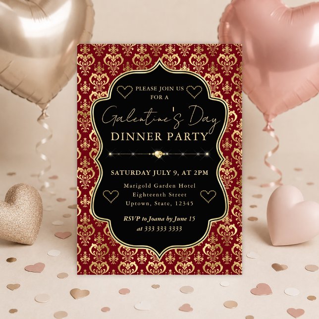 Convite Festa de Galentine's Jantar com Coração de Damasco (Criador carregado)