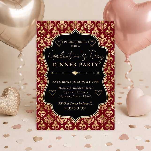 Convite Festa de Galentine's Jantar com Coração em Damasco (Criador carregado)