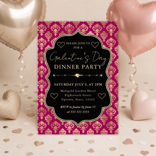 Convite Festa de Galentine's Jantar com Coração em Damasco (Criador carregado)