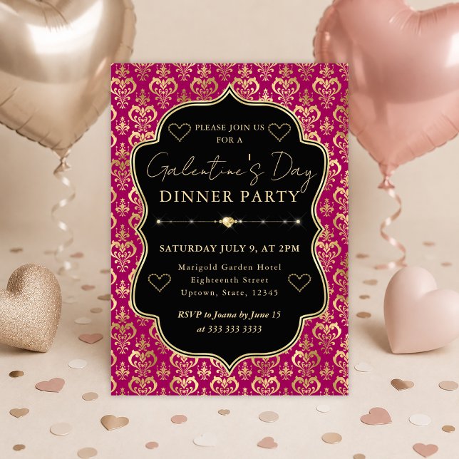 Convite Festa de Galentine's Jantar com Coração em Damasco (Criador carregado)