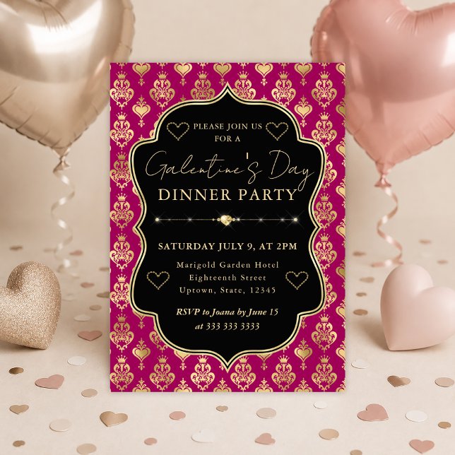 Convite Festa de Galentine's Jantar com Coração em Damasco (Criador carregado)