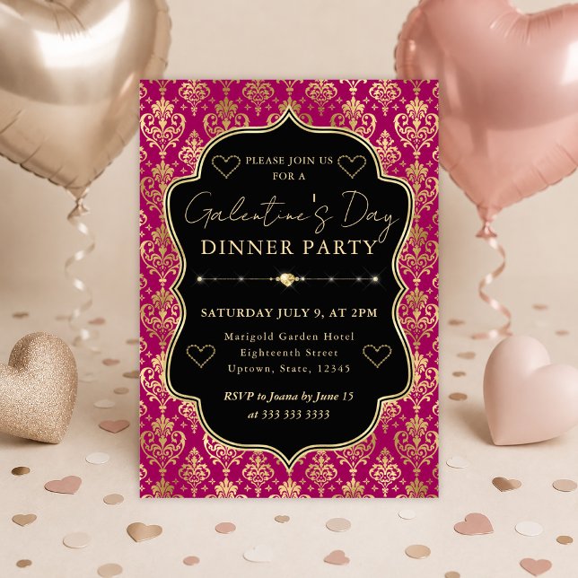 Convite Festa de Galentine's Jantar com Coração em Damasco (Criador carregado)