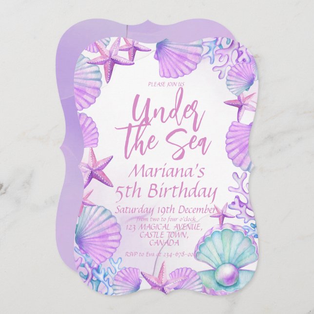 Convite Festa de Garota do 5 de Aniversário do Oceano Na m (Frente/Verso)