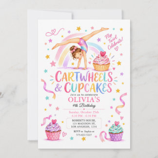Convite Festa de Ginástica Menina Cartwheels & Cupcakes BD