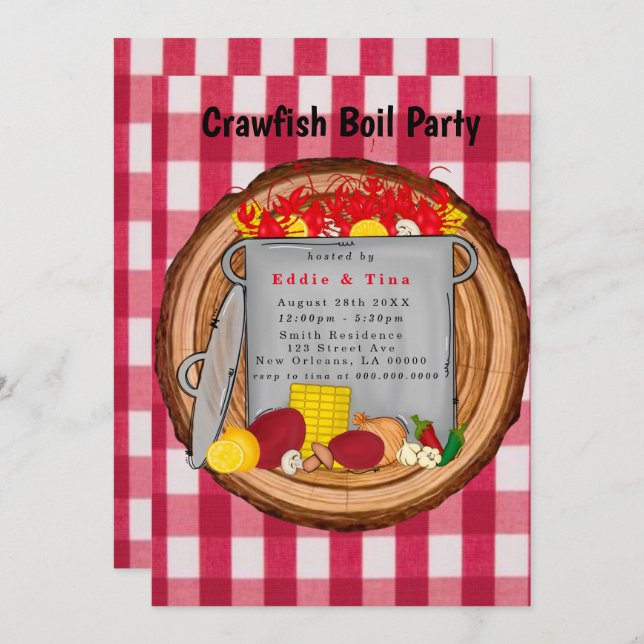 Convite Festa de Gingham Crawfish, da Red Watercolor (Frente/Verso)