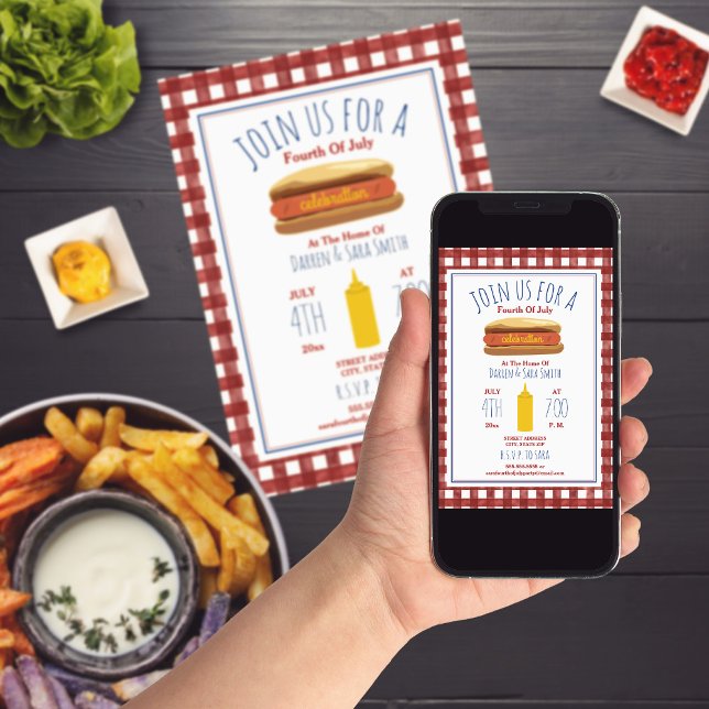 Convite Festa de Gingham Vermelho de Mostarda Quente 4 de  (Criador carregado)