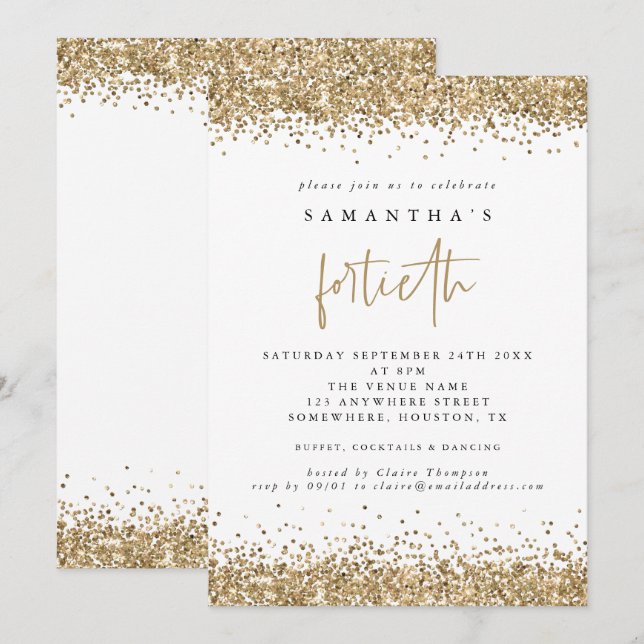 Convite Festa de Glam Gold Glitter de Quarenta Anos (Frente/Verso)