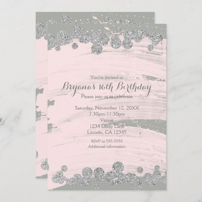Convite Festa de Glama de Portas Sparkle de Prata Rosa e C (Frente/Verso)