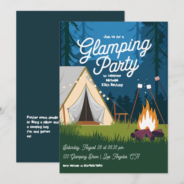 Convite Festa de Glamping com Acampamento Aconchegante e F (Frente/Verso)