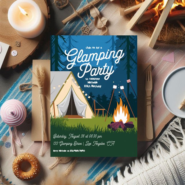 Convite Festa de Glamping com Fogueira e Tenda Aconchegant (Cozy Campfire and Tent Glamping Party Invitation)