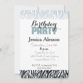 Convite Festa de Glitter de Aniversário Zebra Azul Selvage