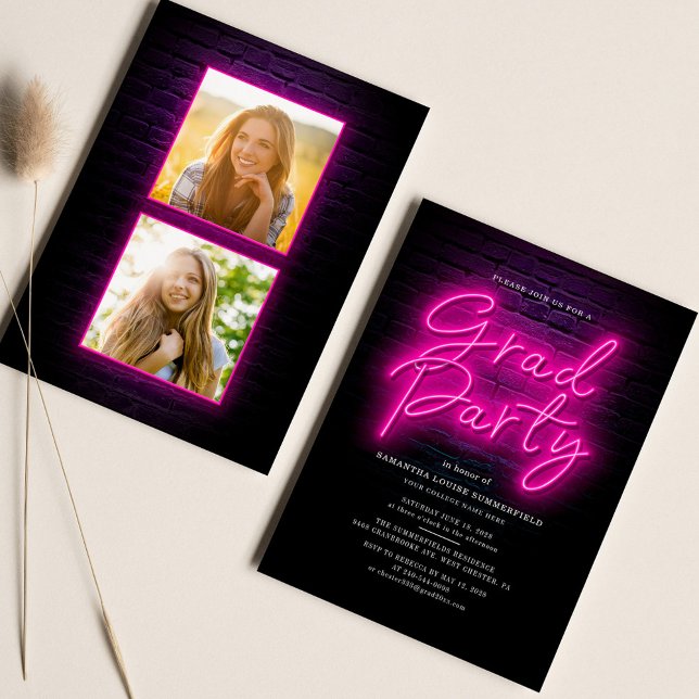Convite Festa de Graduação 2025 Pink Neon Script 2 Photos (Graduation 2 Photos 2024 Pink Neon Script Party Invitation)