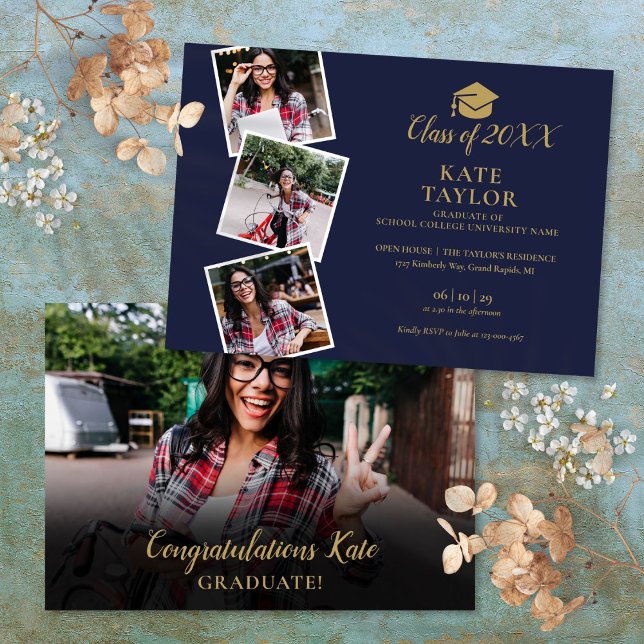 Convite Festa de Graduação Azul Marinho e Dourado 4 Fotos (4 Photo Navy Blue And Gold Graduation Party Invitation)