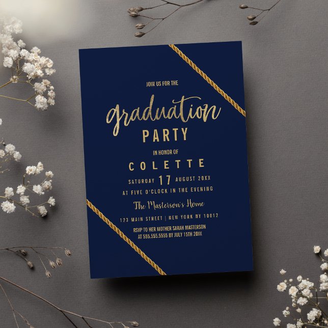 Convite Festa de Graduação azul marinho moderna simples co (Simple modern navy blue faux gold Graduation Party Invitation )