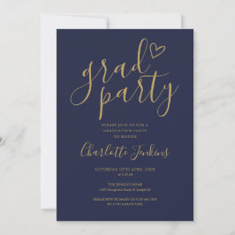 Convite Festa de Graduação Blue Gold Grad Party Script Hea