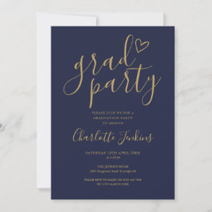 Convite Festa de Graduação Blue Gold Grad Party Script Hea