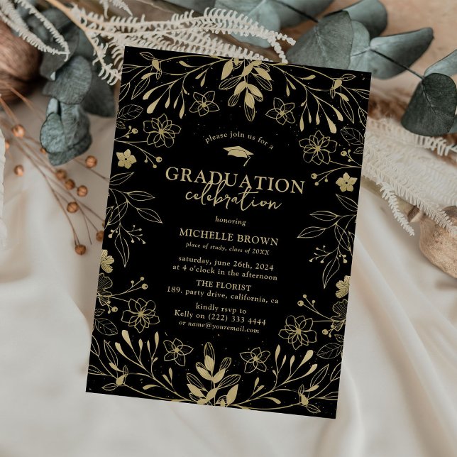 Convite Festa de Graduação Botânica Preta e Dourada (Criador carregado)