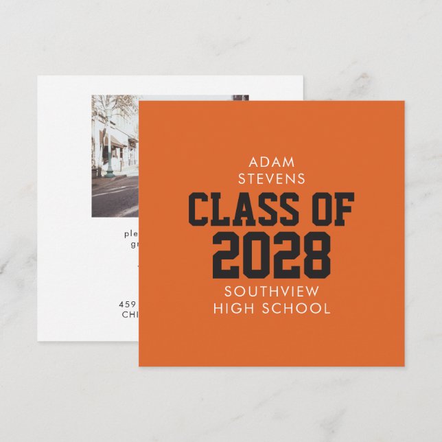 Convite Festa de Graduação Clássica Varsity Orange (Frente/Verso)