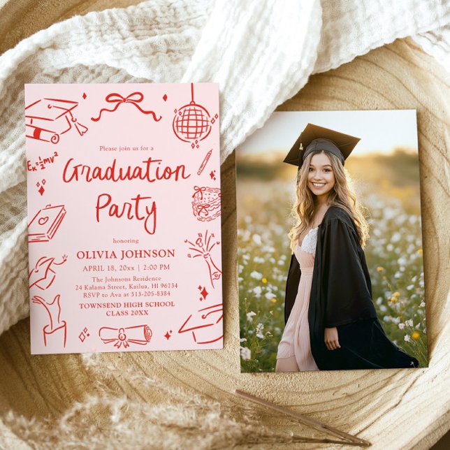 Convite Festa de Graduação com Arco Desenhado à Mão Capric (Modern Whimsical Hand Drawn Bow Graduation Party Invitation)