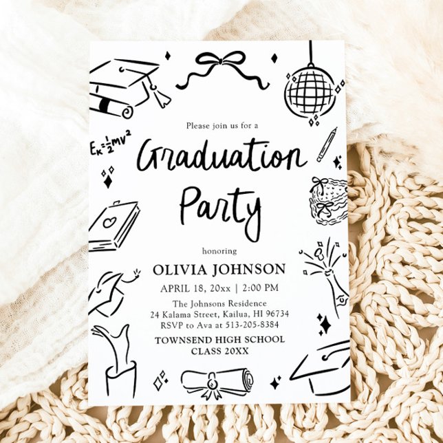 Convite Festa de Graduação com Arco Desenhado à Mão Capric (Modern Whimsical Hand Drawn Bow Graduation Party Invitation)