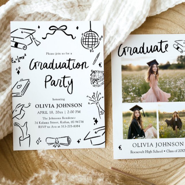 Convite Festa de Graduação com Arco Desenhado à Mão Capric (Modern Whimsical Hand Drawn Bow Graduation Party Invitation)