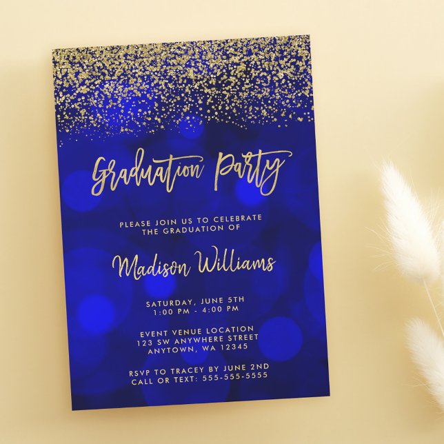 Convite Festa de Graduação com Brilho Dourado e Azul Moder (Criador carregado)