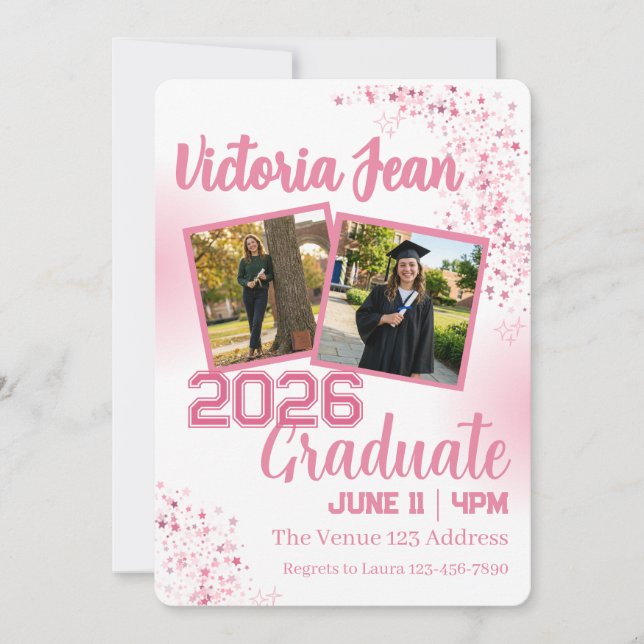 Convite Festa de Graduação com Estrelas Rosa e Imagens (Frente)