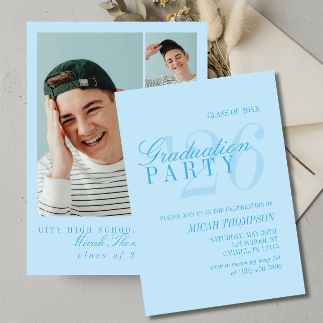 Convite Festa de Graduação com Foto Azul Moderna (Modern Blue Photo Graduation Party Invitation)