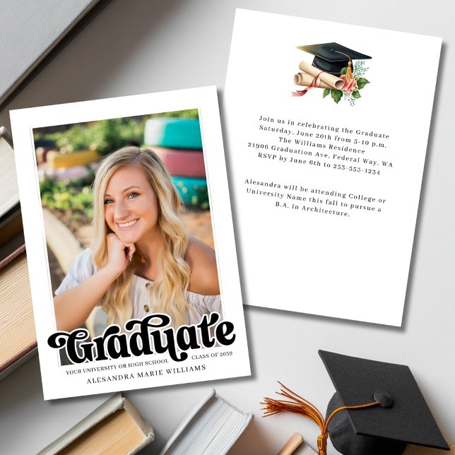 Convite Festa de Graduação com Foto em Estilo Retrô (Retro Script Photo Graduation Party Invitation
)