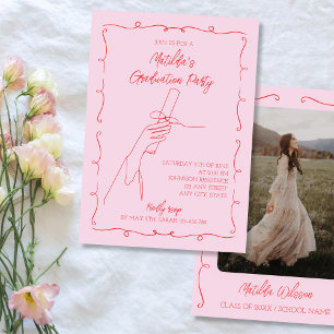Convite Festa de Graduação com Foto em Rosa e Vermelho Des