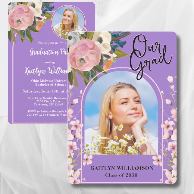 Convite Festa de Graduação com Foto Floral Rosa Aquarela 2 (Criador carregado)