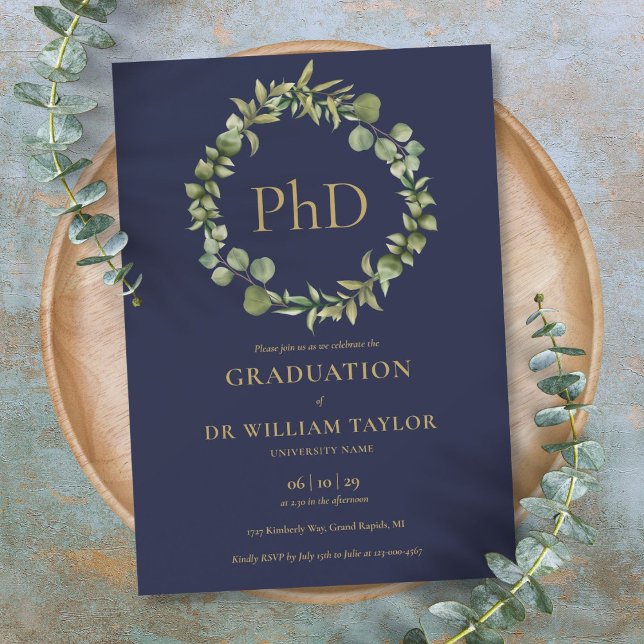 Convite Festa de Graduação com Grau de PhD em Azul Marinho (PhD Degree Navy Blue Garland Graduation Party Invitation)