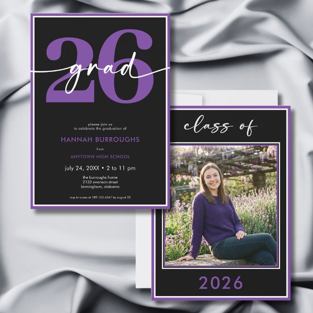 Convite Festa de Graduação com Letra Roscada Roxa Minimali (Modern Minimal Purple Script Graduation Party Invitation)